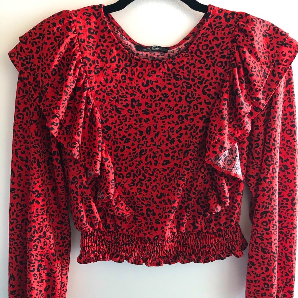 Bershka Women’s Red Cheetah Print Ruffle Top Sz S
